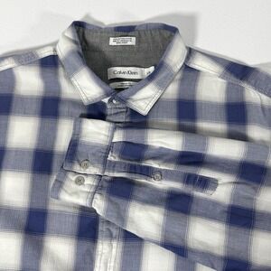 Calvin Klein Mens Blue White Plaid Button Down Shirt Long Sleeve‎ Classic Fit L